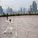 Un homme fait du Tai chi chuan dans un parc situ en face de nouveaux gratte-ciel en verre dans le centre de Shenzhen.